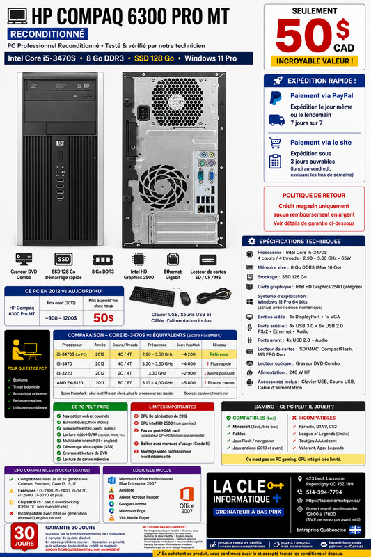 HP Compaq 6300 Pro MT — Intel Core i5-3470S — 8 Go DDR3 — 128 Go SSD — Win 11 Pro — Garantie 30 jours