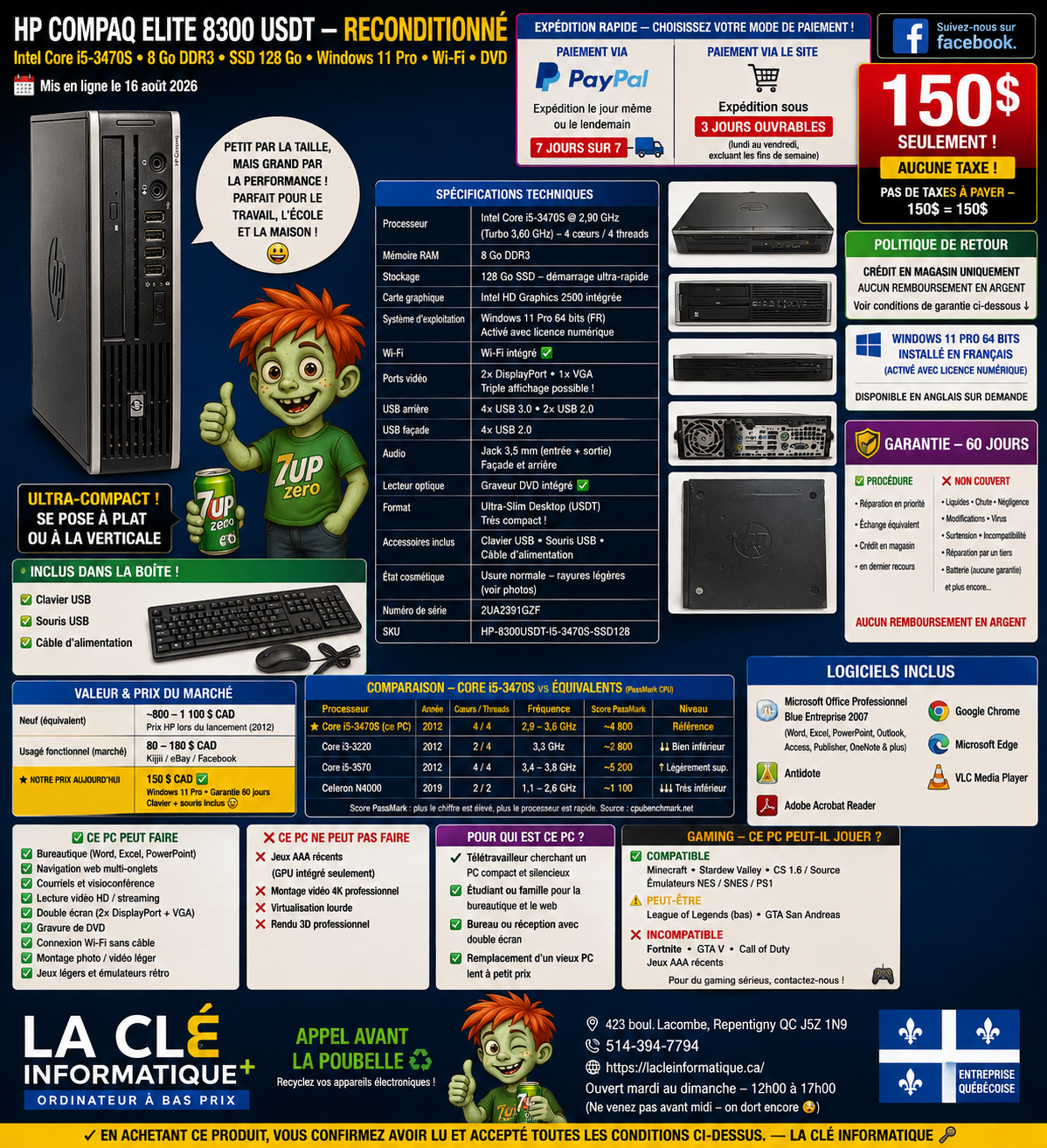 HP Compaq Elite 8300 USDT — Intel Core i5-3470S — 8 Go DDR3 — 128 Go SSD — Wi-Fi — Win 11 Pro — Garantie 60 jours
