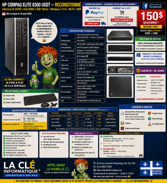 HP Compaq Elite 8300 USDT — Intel Core i5-3470S — 8 Go DDR3 — 128 Go SSD — Wi-Fi — Win 11 Pro — Garantie 60 jours