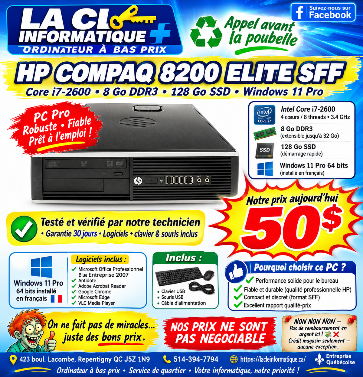 HP Compaq 8200 Elite SFF — Intel Core i7-2600 — 8 Go DDR3 — 128 Go SSD — Win 11 Pro — Garantie 30 jours