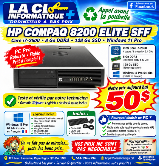 HP Compaq 8200 Elite SFF — Intel Core i7-2600 — 8 Go DDR3 — 128 Go SSD — Win 11 Pro — Garantie 30 jours