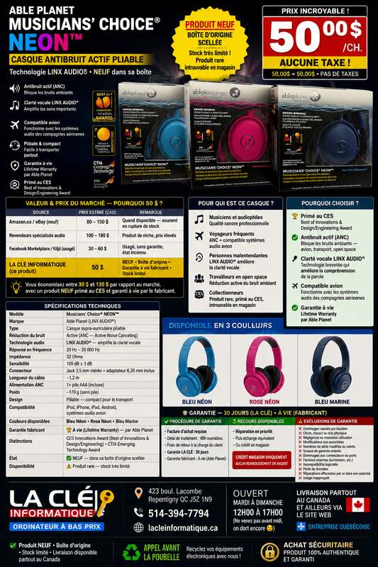 Able Planet Musicians' Choice® NEON™ — Casque antibruit actif pliable — LINX AUDIO® — NEUF