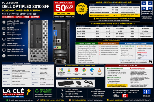 Dell OptiPlex 3010 SFF — Intel Core i5-3470 — 8 Go DDR3 — 128 Go SSD — Win 11 Pro — Garantie 30 jours