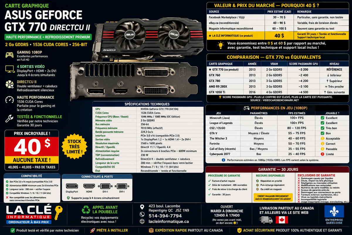 ASUS GeForce GTX 770 DirectCU II — 2 Go GDDR5 — 1536 CUDA Cores — DP + HDMI + 2x DVI — Reconditionnée