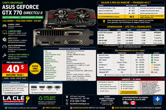 ASUS GeForce GTX 770 DirectCU II — 2 Go GDDR5 — 1536 CUDA Cores — DP + HDMI + 2x DVI — Reconditionnée