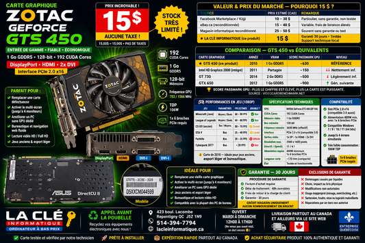 ZOTAC GeForce GTS 450 — 1 Go GDDR5 128-bit — 192 CUDA Cores — DP + HDMI + 2x DVI — Reconditionnée