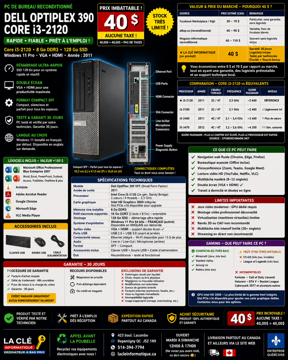 PC Bureau Dell OptiPlex 390 SFF — Core i3-2120 • 8 Go DDR3 • SSD 128 Go • Windows 11 Pro — Reconditionné