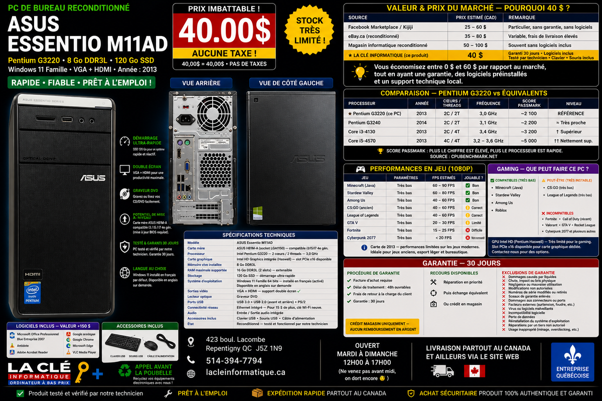 Tour ASUS Essentio M11AD — Pentium G3220 • 8 Go DDR3L • SSD 120 Go • Windows 11 Famille — Reconditionné