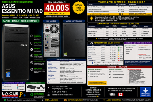 Tour ASUS Essentio M11AD — Pentium G3220 • 8 Go DDR3L • SSD 120 Go • Windows 11 Famille — Reconditionné