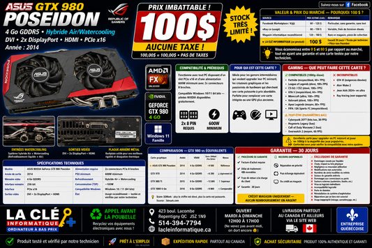 ASUS GeForce GTX 980 Poseidon — 4 Go GDDR5 256-bit — Hybride Air/Watercooling — DVI + 2× DP + HDMI — Reconditionnée