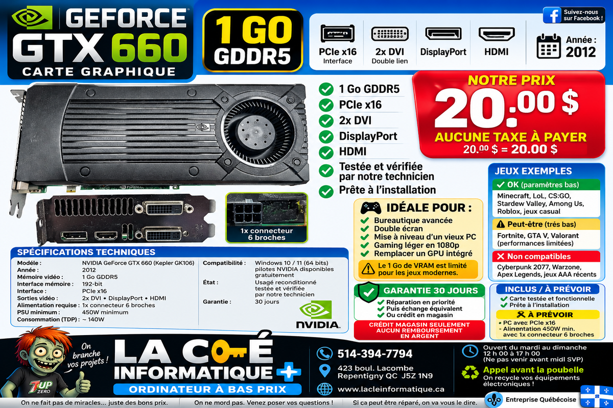 NVIDIA GeForce GTX 660 — 1 Go GDDR5 192-bit — 2× DVI + DisplayPort + HDMI — PCIe x16 — Reconditionnée