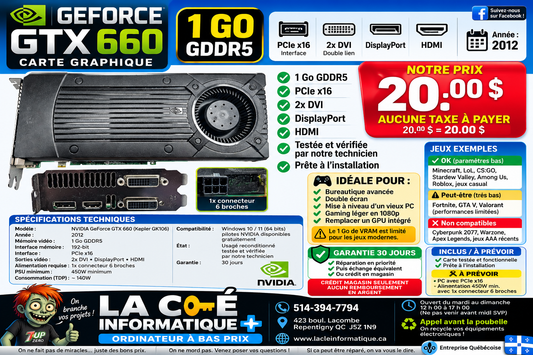 NVIDIA GeForce GTX 660 — 1 Go GDDR5 192-bit — 2× DVI + DisplayPort + HDMI — PCIe x16 — Reconditionnée