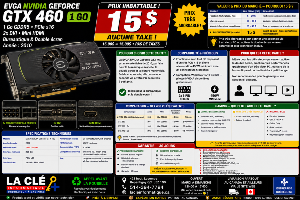 EVGA GeForce GTX 460 — 1 Go GDDR5 256-bit — 2× DVI + Mini HDMI — PCIe x16 — Reconditionnée