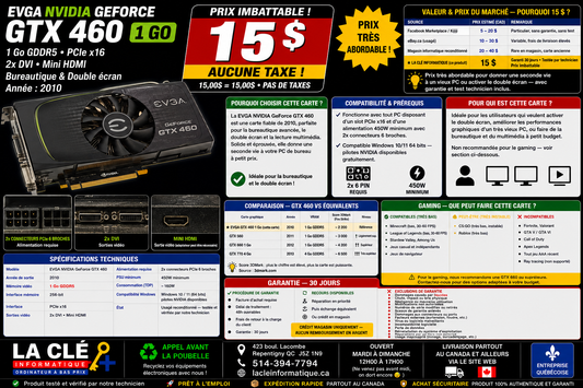 EVGA GeForce GTX 460 — 1 Go GDDR5 256-bit — 2× DVI + Mini HDMI — PCIe x16 — Reconditionnée