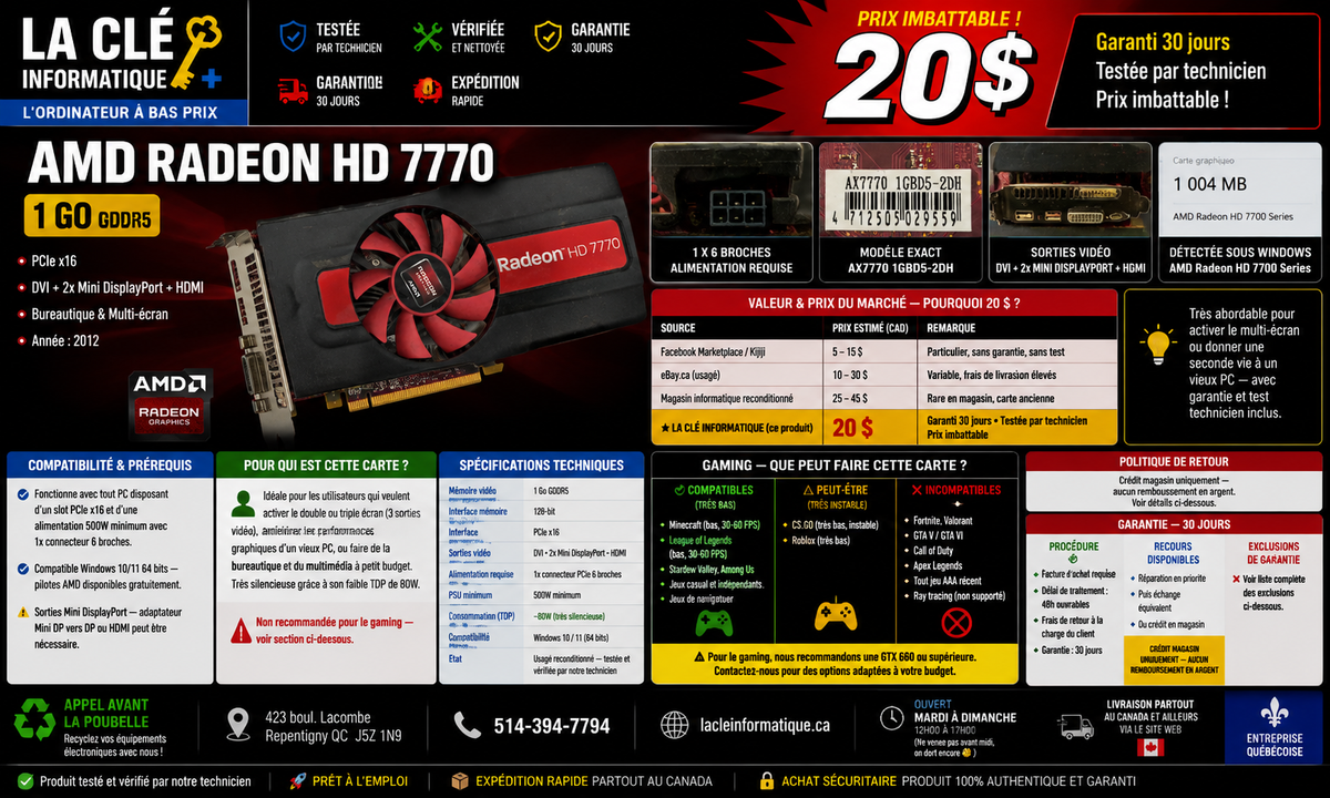 AMD Radeon HD 7770 1 Go GDDR5 — PCIe x16 • DVI + HDMI + 2x Mini DP — Bureautique & Multi-écran