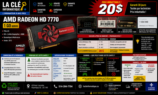 AMD Radeon HD 7770 1 Go GDDR5 — PCIe x16 • DVI + HDMI + 2x Mini DP — Bureautique & Multi-écran