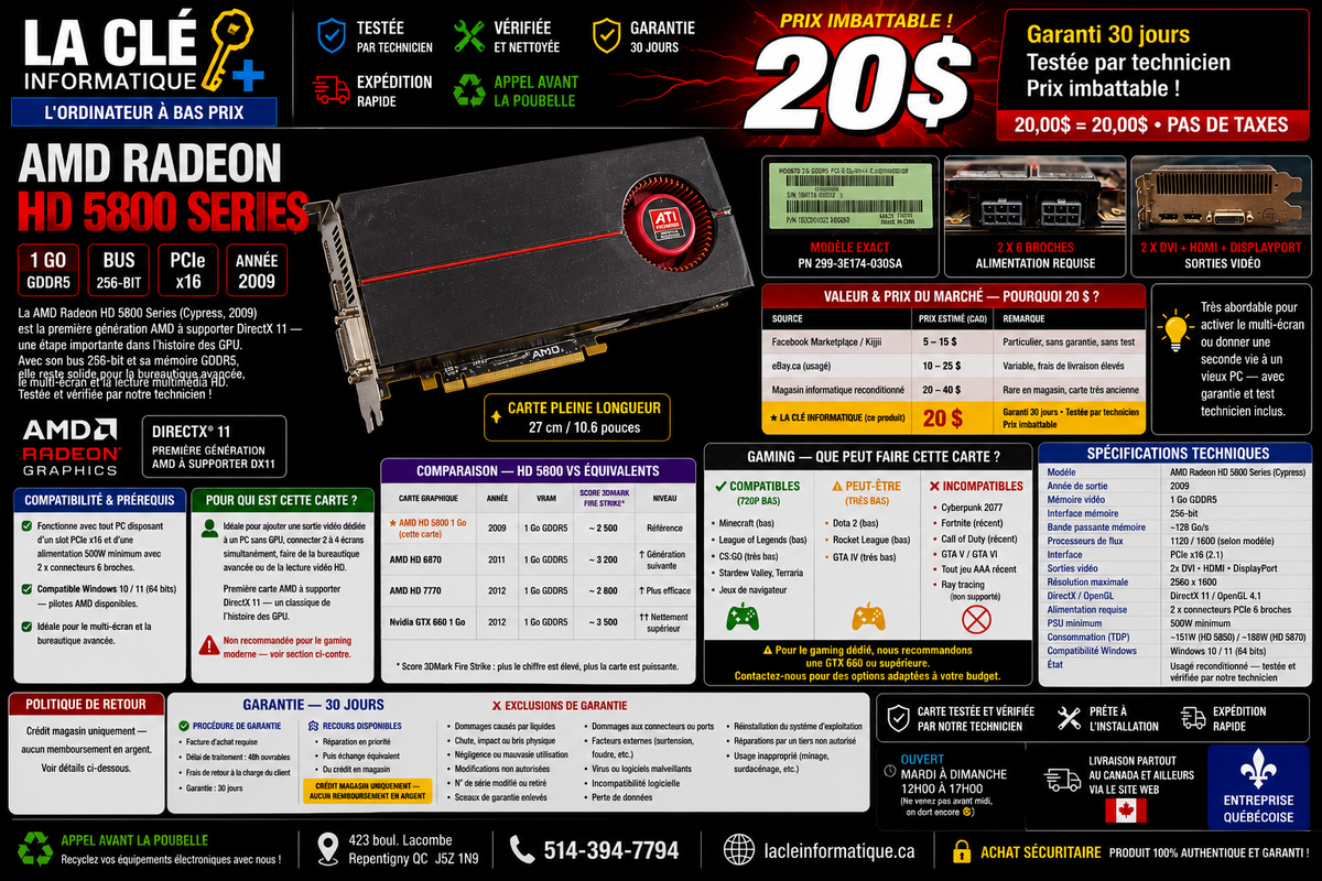 AMD Radeon HD 5800 Series 1 Go GDDR5 — Bus 256-bit • PCIe x16 • 2x DVI + HDMI + DisplayPort — Bureautique & Multi-écran