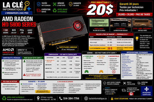 AMD Radeon HD 5800 Series 1 Go GDDR5 — Bus 256-bit • PCIe x16 • 2x DVI + HDMI + DisplayPort — Bureautique & Multi-écran