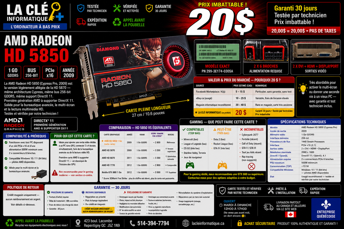 Diamond ATI Radeon HD 5850 1 Go GDDR5 — Bus 256-bit • PCIe x16 • 2x DVI + HDMI + DisplayPort — Bureautique & Multi-écran