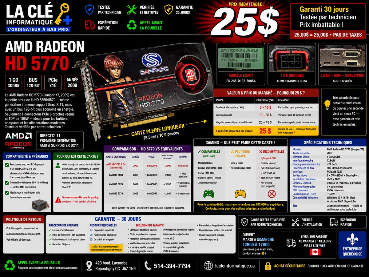Sapphire ATI Radeon HD 5770 1 Go GDDR5 — Bus 128-bit • PCIe x16 • 2x DVI + DisplayPort + HDMI — Bureautique & Multi-écran
