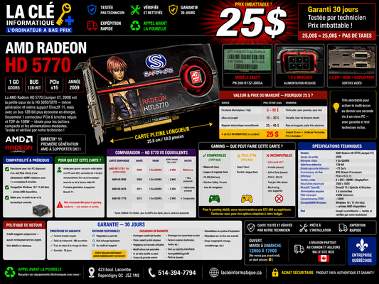 Sapphire ATI Radeon HD 5770 1 Go GDDR5 — Bus 128-bit • PCIe x16 • 2x DVI + DisplayPort + HDMI — Bureautique & Multi-écran