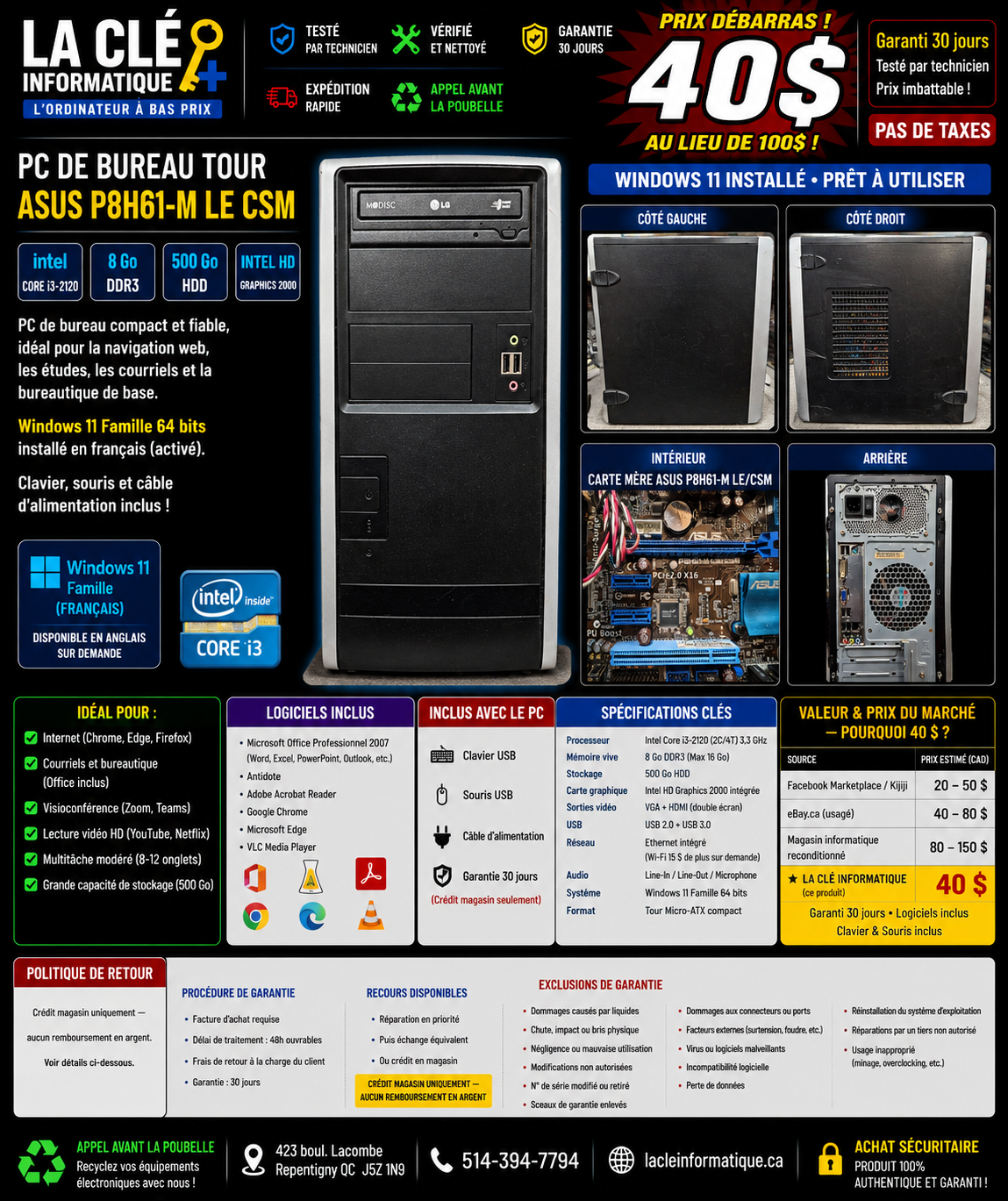 Tour ASUS P8H61-M LE CSM — Core i3-2120 • 8 Go DDR3 • 500 Go HDD • Windows 11 Famille — PC Reconditionné
