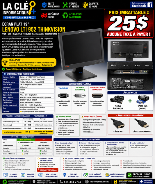 Écran plat 19" Lenovo ThinkVision LT1952 — VGA • DVI • DisplayPort • 1440x900 — Reconditionné
