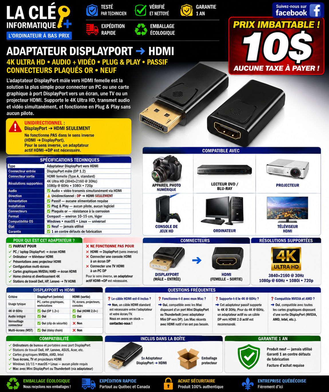 Adaptateur DisplayPort → HDMI 4K Ultra HD • Audio + Vidéo • Plug & Play • Passif • Connecteurs plaqués or — NEUF
