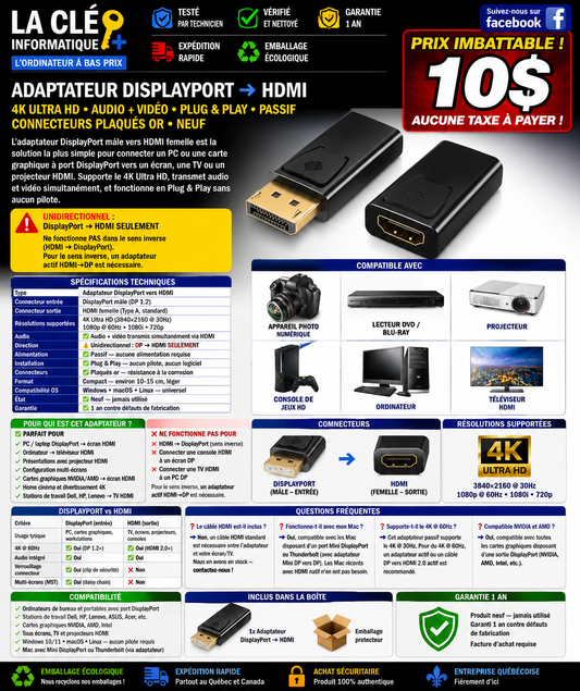 Adaptateur DisplayPort → HDMI 4K Ultra HD • Audio + Vidéo • Plug & Play • Passif • Connecteurs plaqués or — NEUF