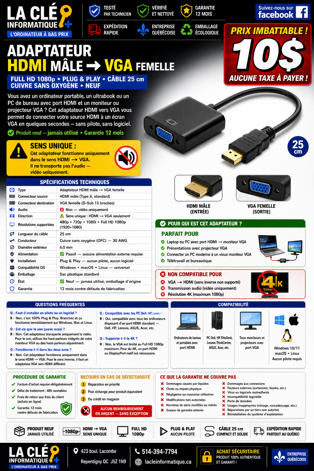 Adaptateur VGA ↔ HDMI + Audio Full HD 1080p • Bidirectionnel • Plug & Play • Connecteurs plaqués or — NEUF