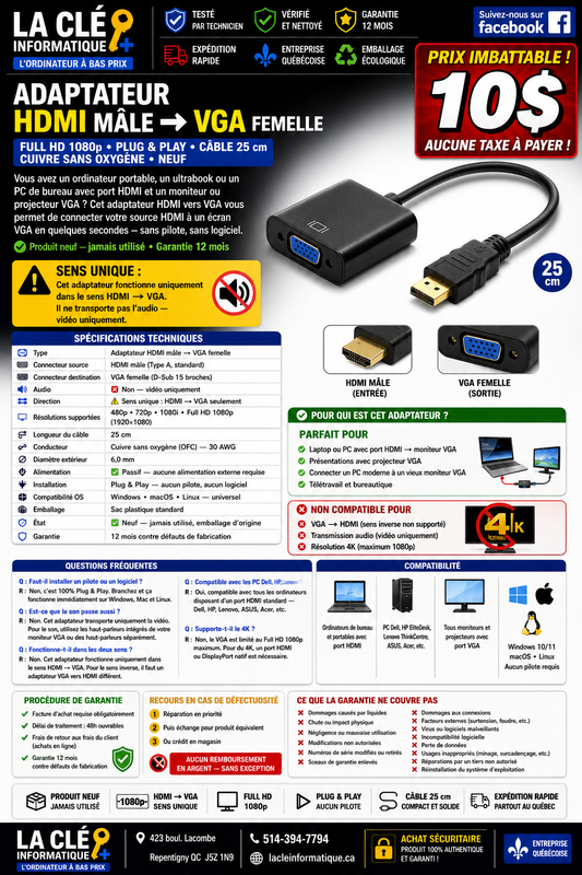 Adaptateur VGA ↔ HDMI + Audio Full HD 1080p • Bidirectionnel • Plug & Play • Connecteurs plaqués or — NEUF