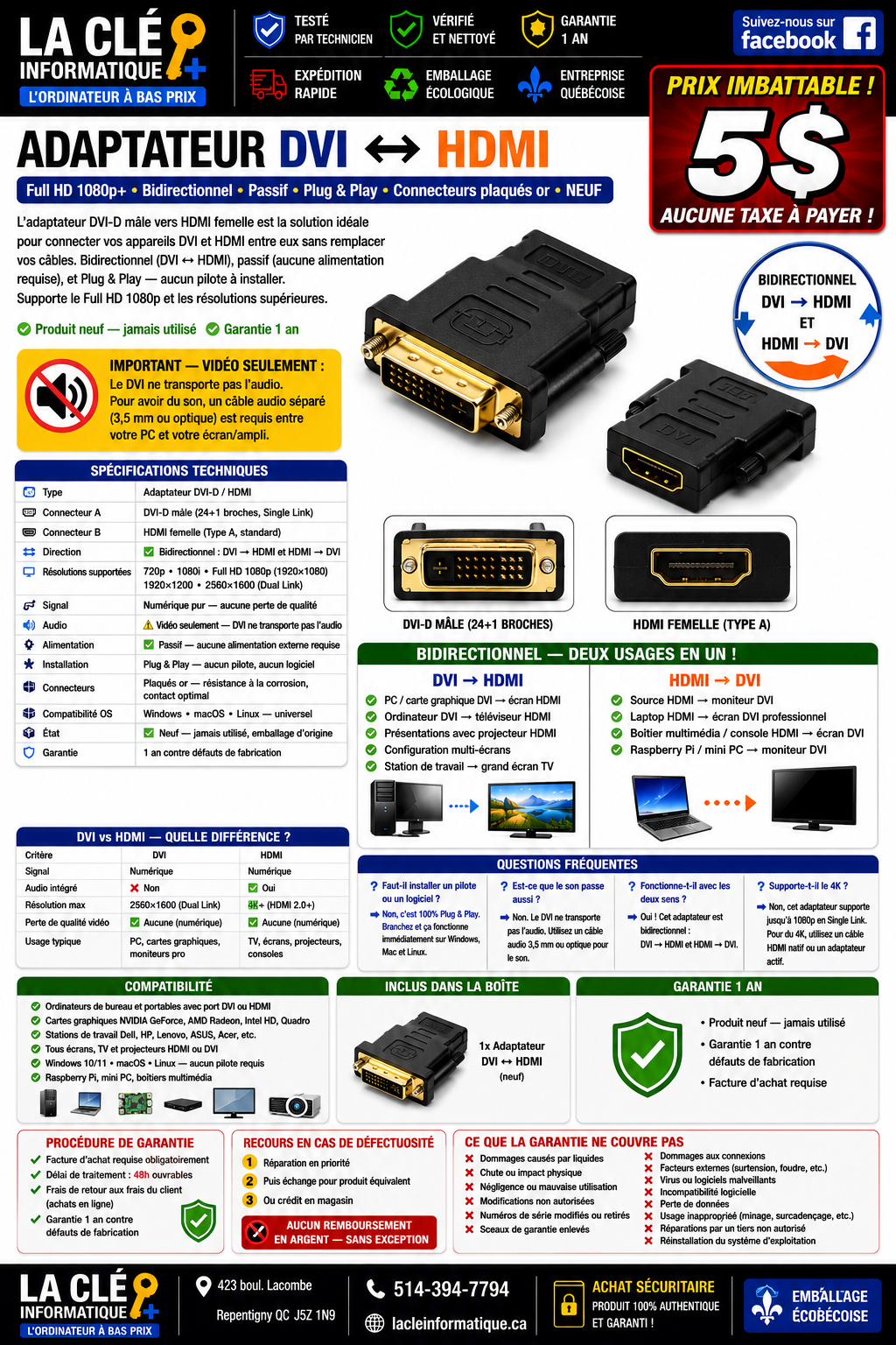 Adaptateur DVI ↔ HDMI Full HD 1080p+ • Bidirectionnel • Passif • Plug & Play • Connecteurs plaqués or — NEUF