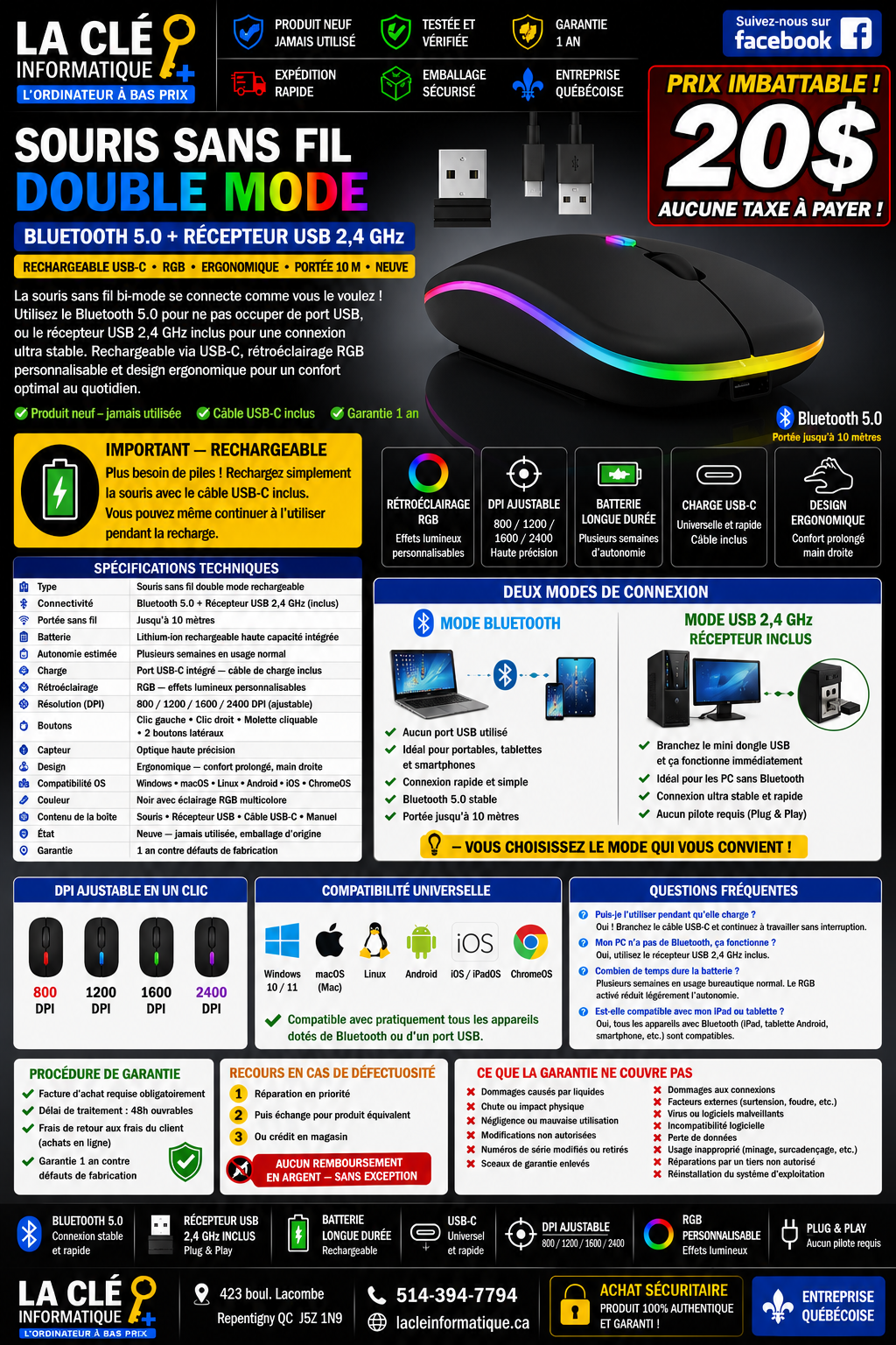 Souris sans fil Bluetooth RGB rechargeable • Bluetooth 5.0 • USB-C • Ergonomique • 10 m — NEUVE