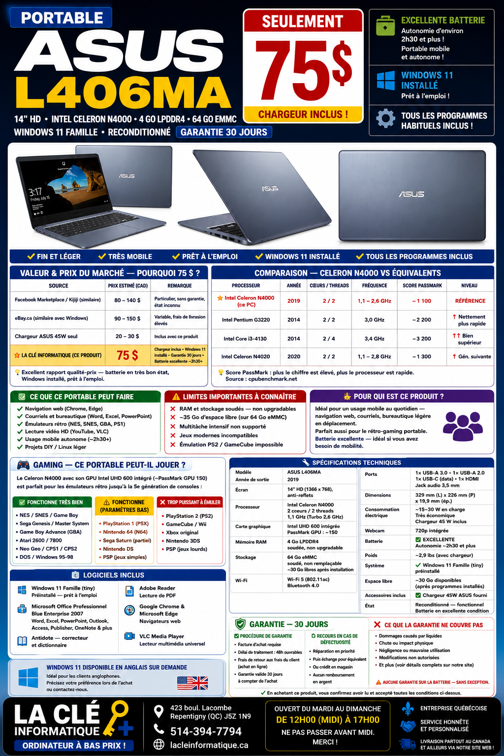 Ordinateur Portable ASUS L406MA — Windows 11 Famille • 4 Go RAM • 64 Go eMMC • Batterie ~2h30+