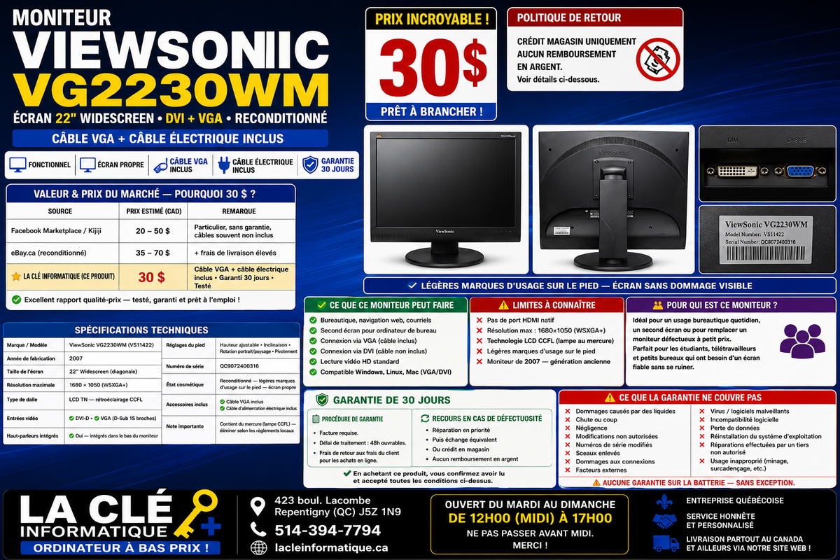 Moniteur ViewSonic VG2230WM 22" Widescreen — DVI + VGA — Haut-parleurs intégrés — Reconditionné