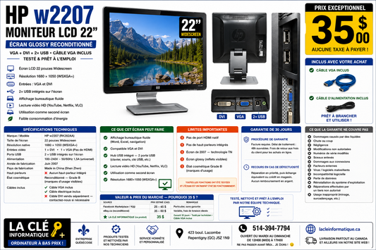 Moniteur HP w2207 22" Widescreen — VGA + DVI + Hub 2×USB — Glossy — Reconditionné Grade B