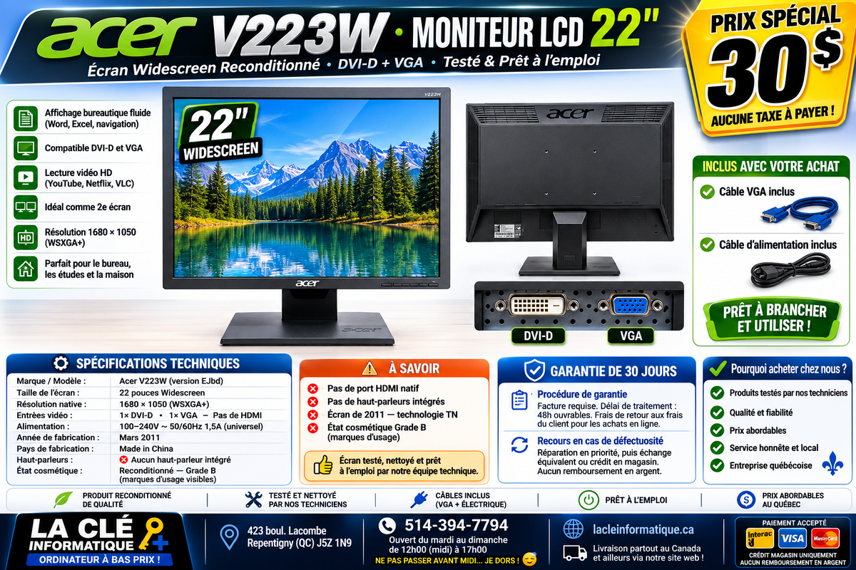 Moniteur Acer V223W 22" Widescreen — DVI-D + VGA — Reconditionné Grade B