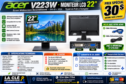 Moniteur Acer V223W 22" Widescreen — DVI-D + VGA — Reconditionné Grade B