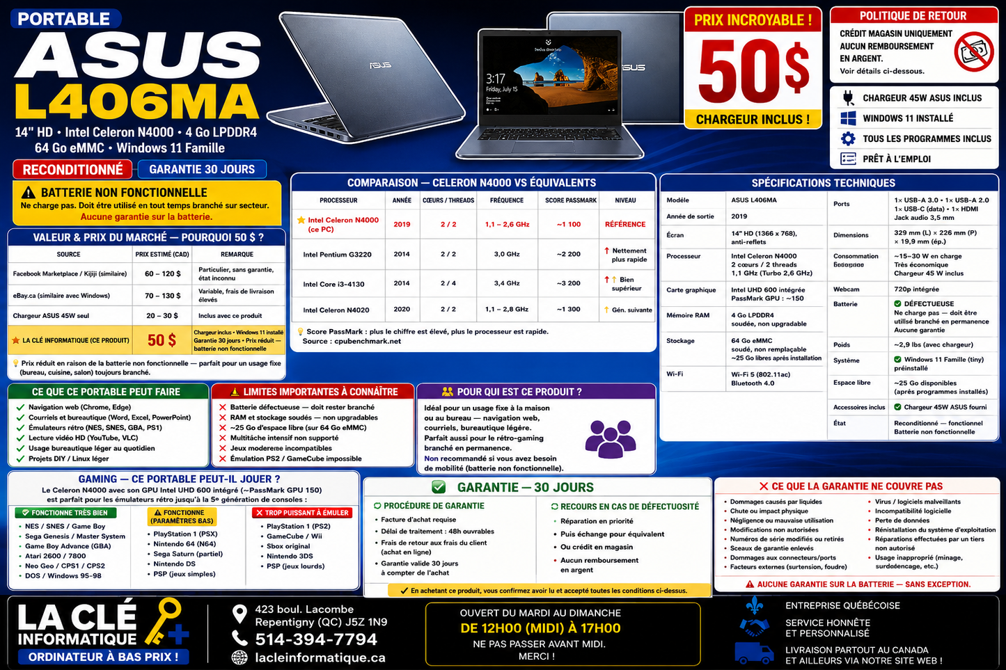ASUS L406MA — Intel Celeron N4000 - Windows 11 Famille • 4 Go RAM • 64 Go eMMC