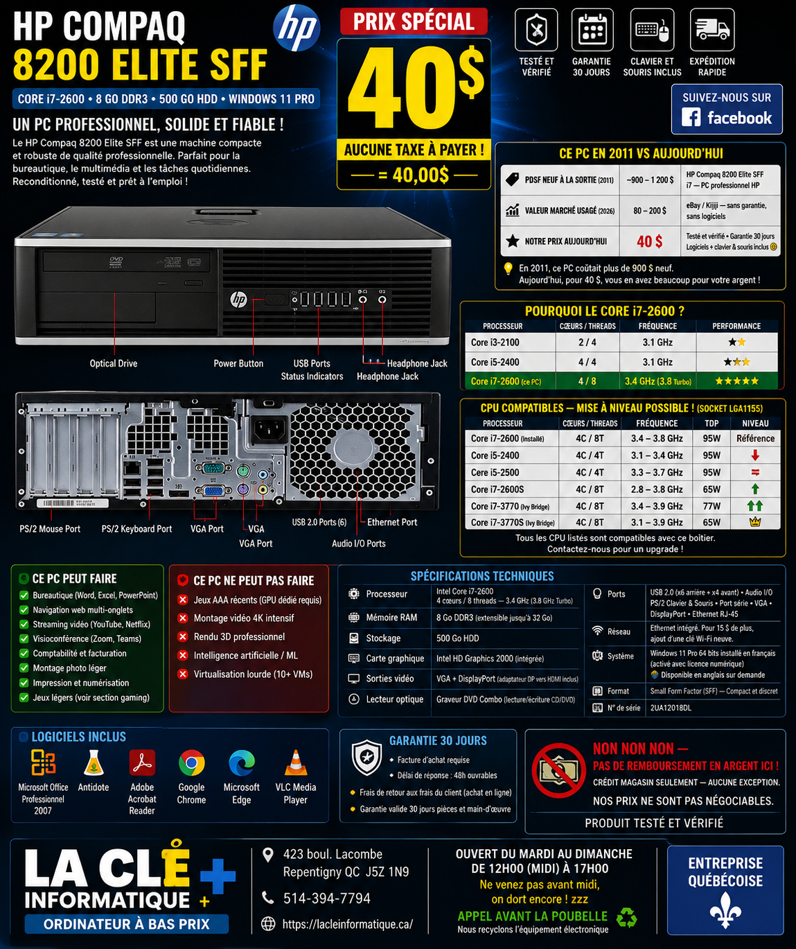 HP Compaq 8200 Elite SFF — Core i7-2600 — 8 Go DDR3 — 500 Go hdd — Windows 11 Pro