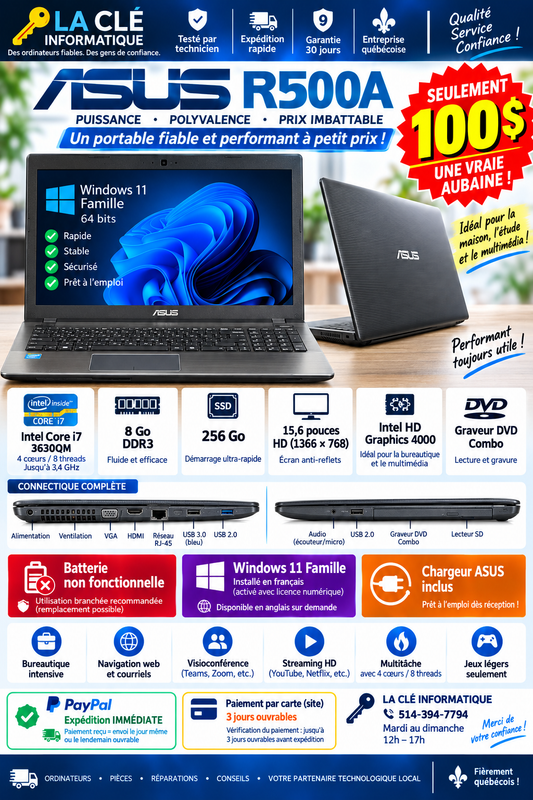 ASUS R500A — Core i7 3630QM • 8 Go DDR3 • SSD 256 Go • 15,6" HD • Graveur DVD • Batterie non fonctionnelle — Reconditionné
