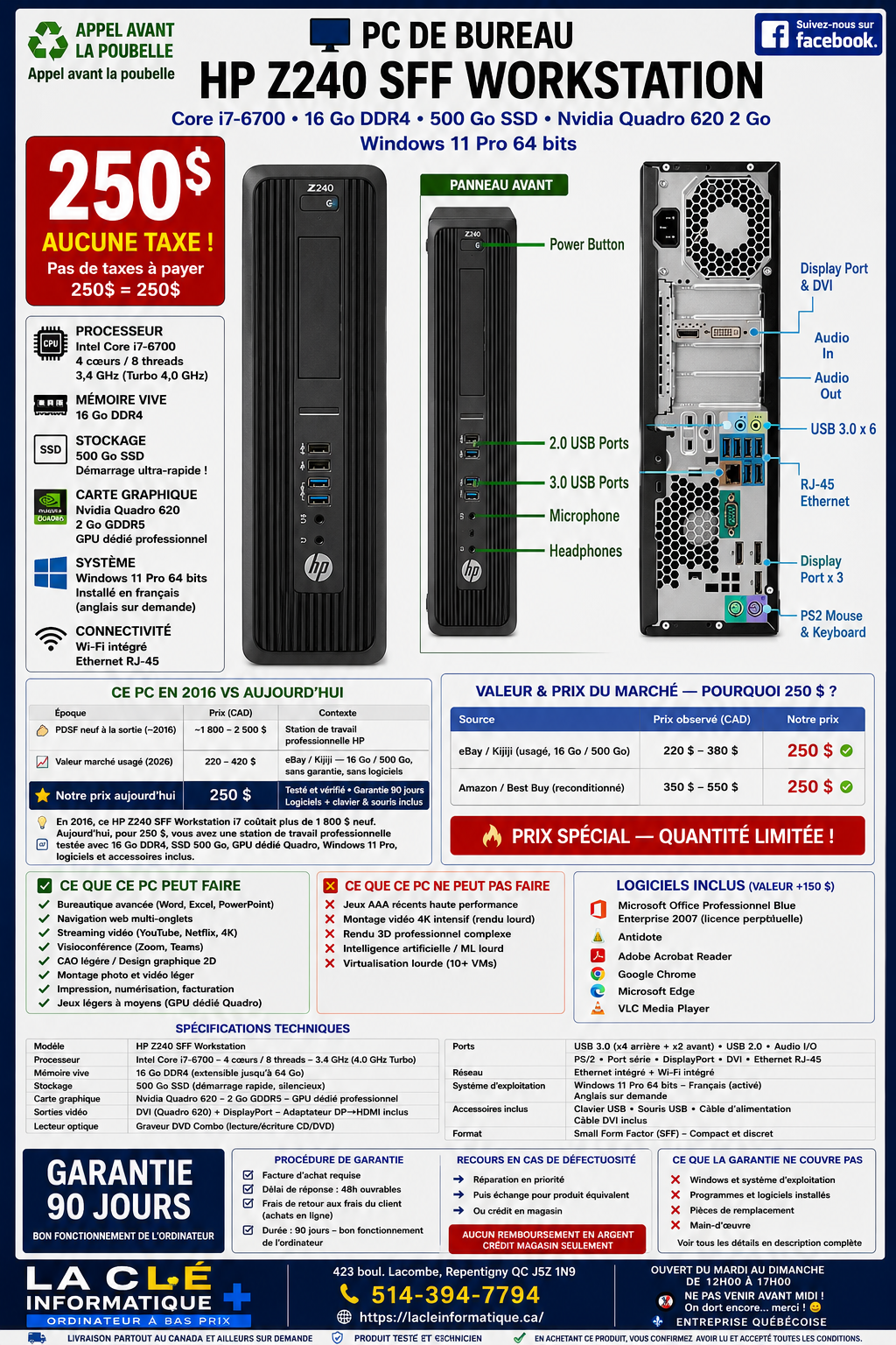 HP Z240 SFF Workstation — Core i7-6700 — 8 GB DDR4 — 256 GB SSD — Nvidia Quadro 620 — Windows 11 Pro