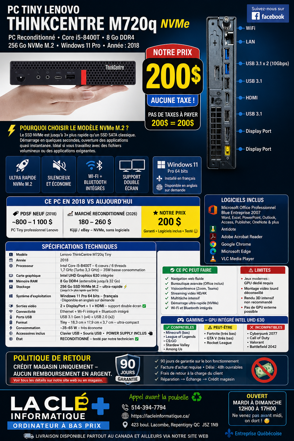 Lenovo ThinkCentre M720q Tiny — Core i5-8400T | 8 Go DDR4 | 256 Go NVMe M.2 | Windows 11 Pro