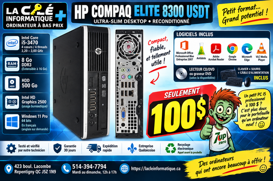 🖥️ HP COMPAQ ELITE 8300 USDT  Intel Core i5-3470 • 8 Go DDR3 • HDD 500 Go • Windows 11 Pro