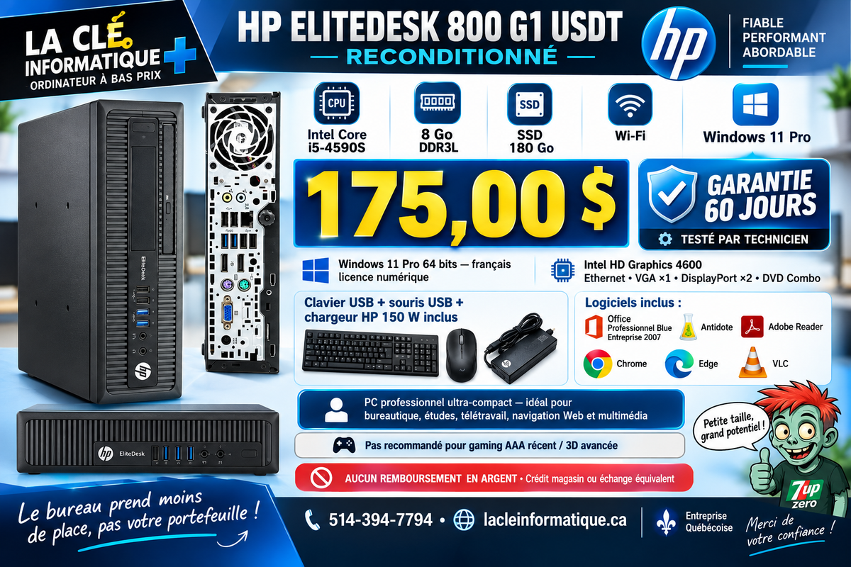 🖥️ HP ELITEDESK 800 G1 USDT  Intel Core i5-4590S • 8 Go DDR3L • SSD 180 Go • Wi-Fi • Windows 11 Pro