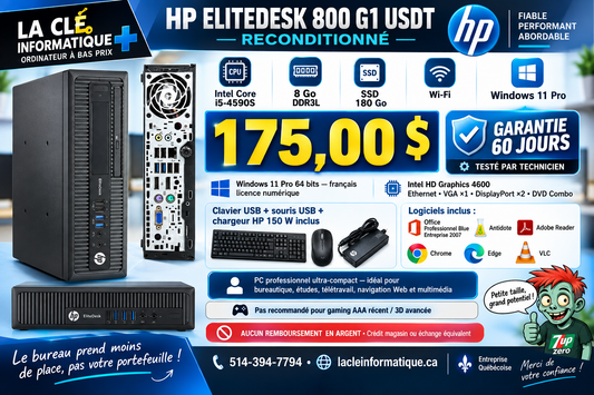 🖥️ HP ELITEDESK 800 G1 USDT  Intel Core i5-4590S • 8 Go DDR3L • SSD 180 Go • Wi-Fi • Windows 11 Pro