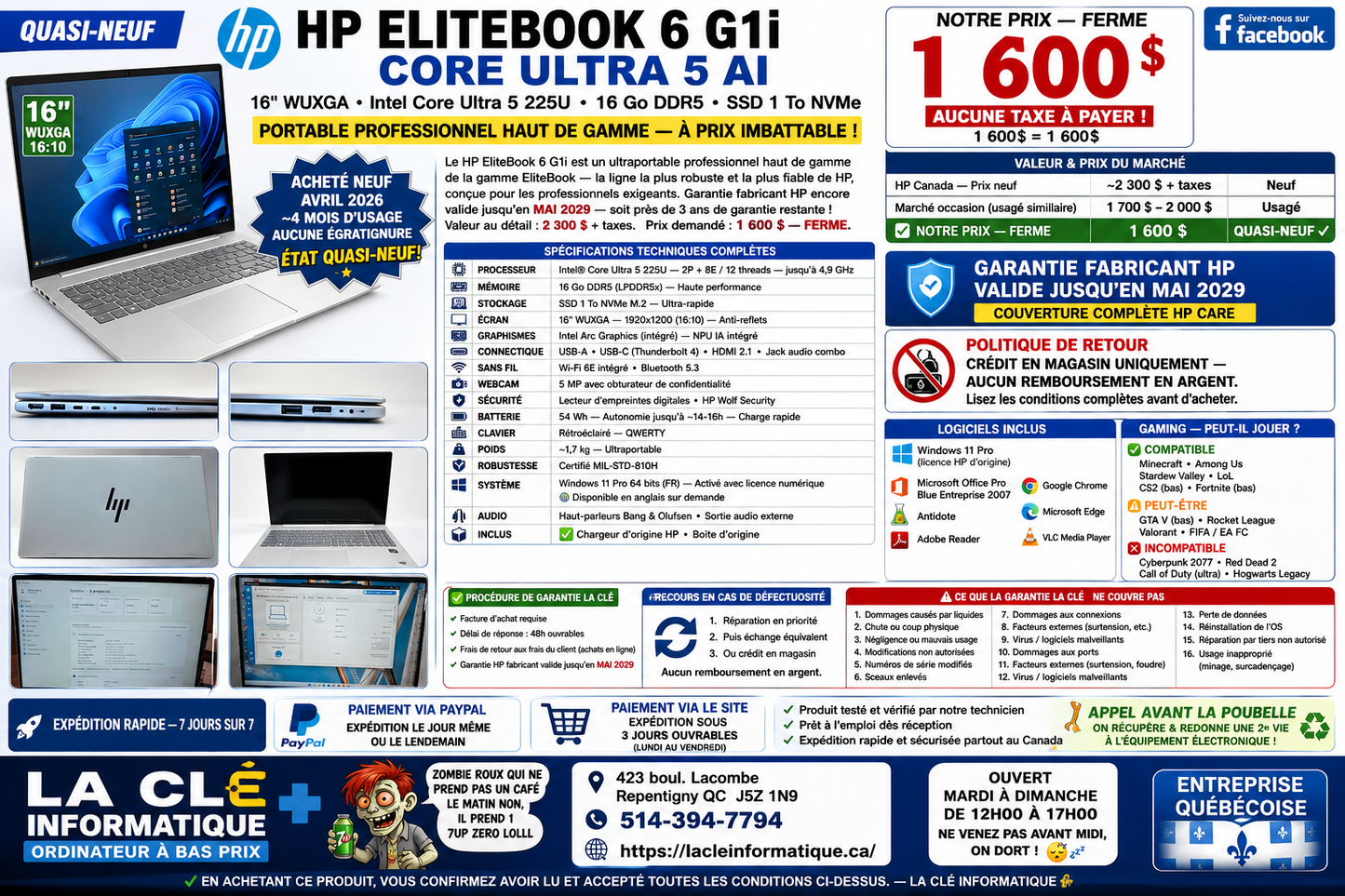 HP EliteBook 6 G1i — Intel Core Ultra 5 225U • 16 Go DDR5 • SSD 1 To • 16" WUXGA — Quasi-neuf