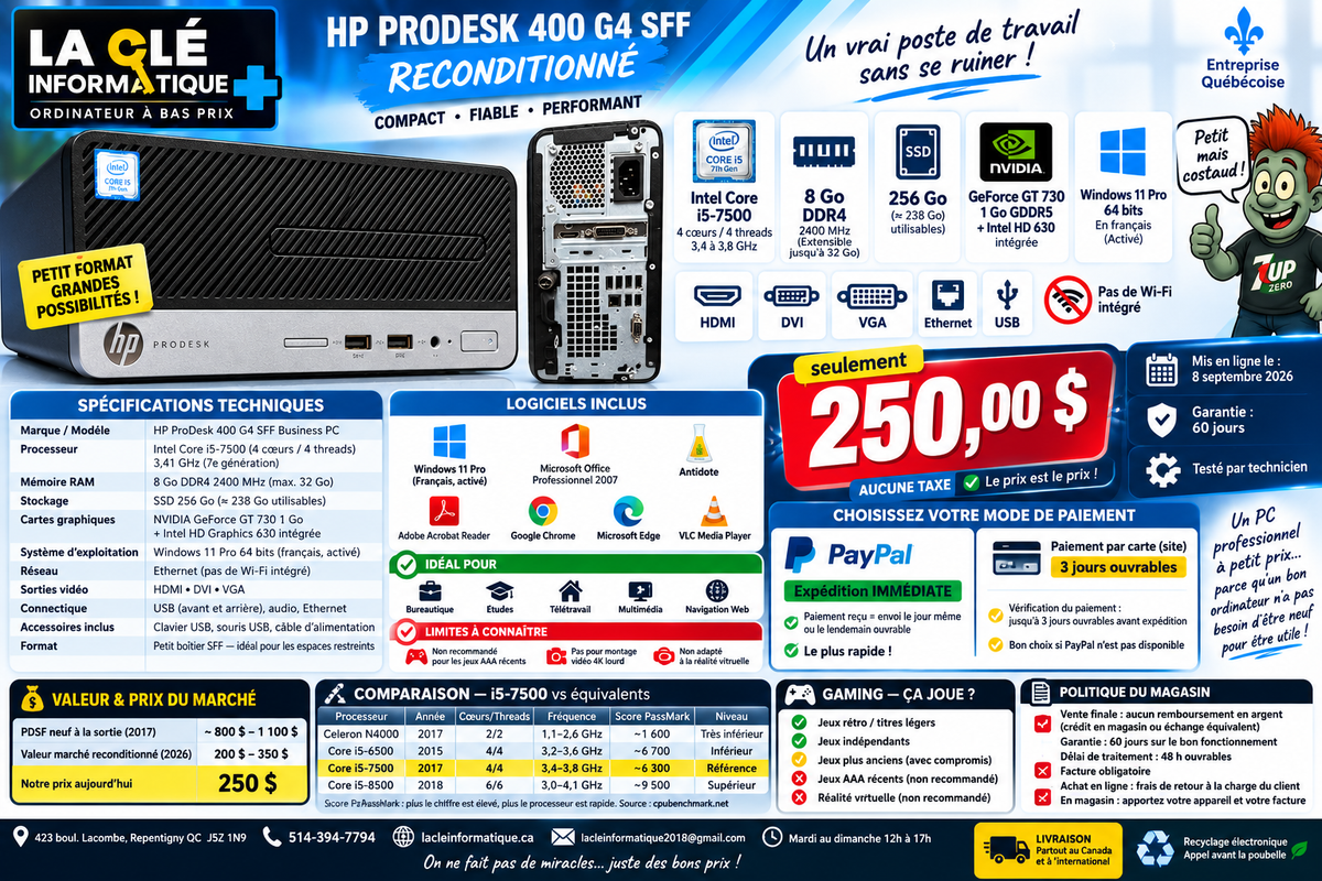 🖥️ HP PRODESK 400 G4 SFF Intel Core i5-7500 • 8 Go DDR4 • SSD 256 Go • NVIDIA GT 730 • Windows 11 Pro • DVI • HDMI