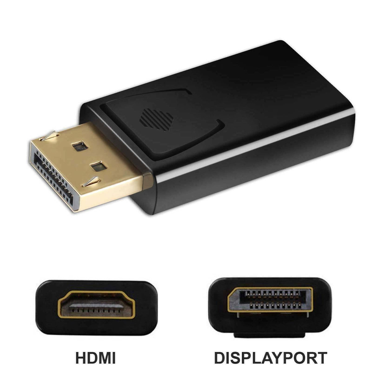 Adaptateur DisplayPort mâle vers HDMI femelle 4K — connecteurs plaqués or, vue des deux ports