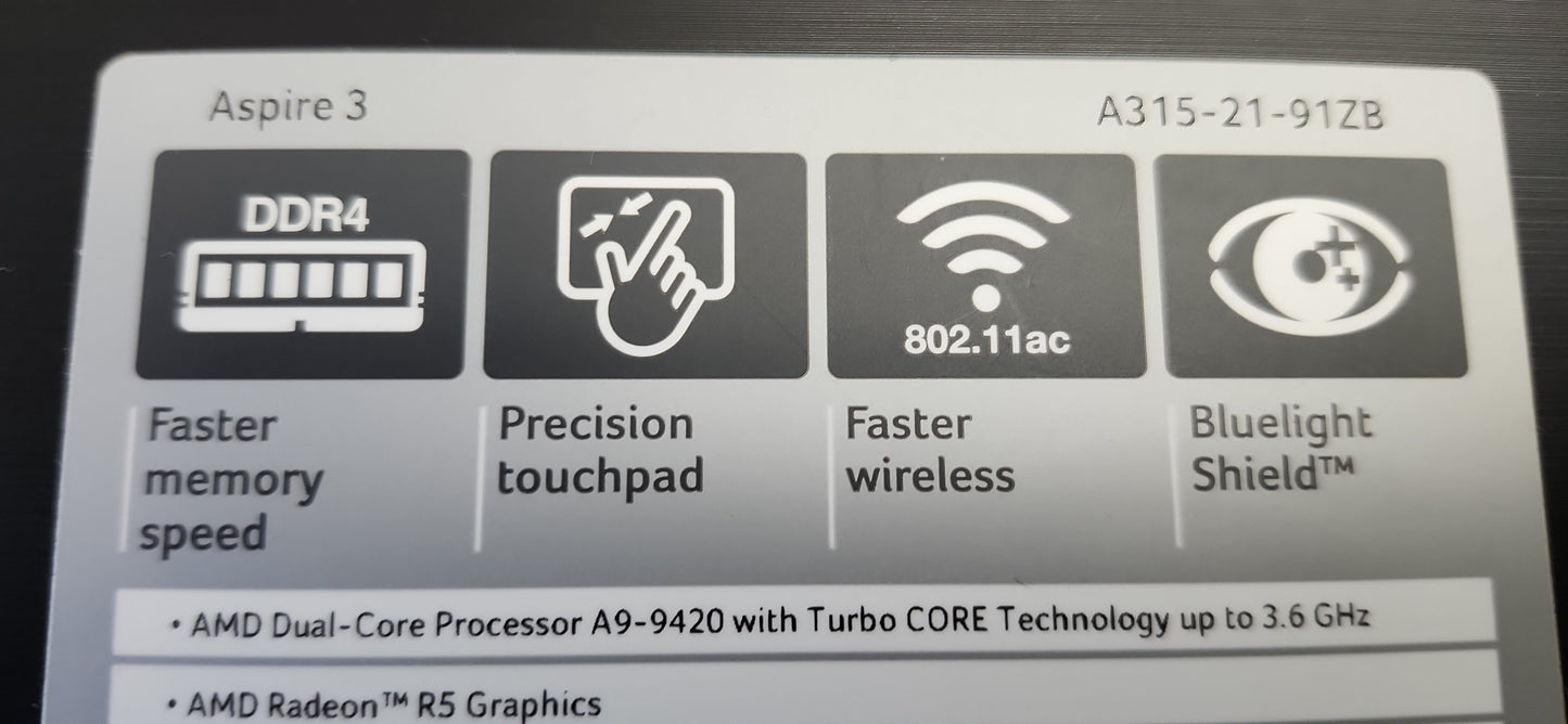 *Acer Aspire 3 A315-21-91ZB AMD A9 RADEON 5.5 COMPUTE CORES 2C+3G 3.00 GHZ